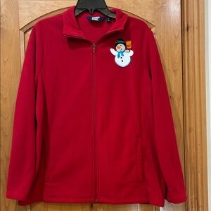 Lands' End Women’s Bright Red Christmas Holiday Fleece Jacket with Snowman